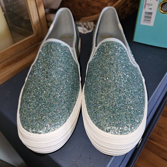 Keds x Kate Spade Sz 11 Light Blue Green Glitter Triple Decker Slip On Shoes NEW - Picture 6 of 7